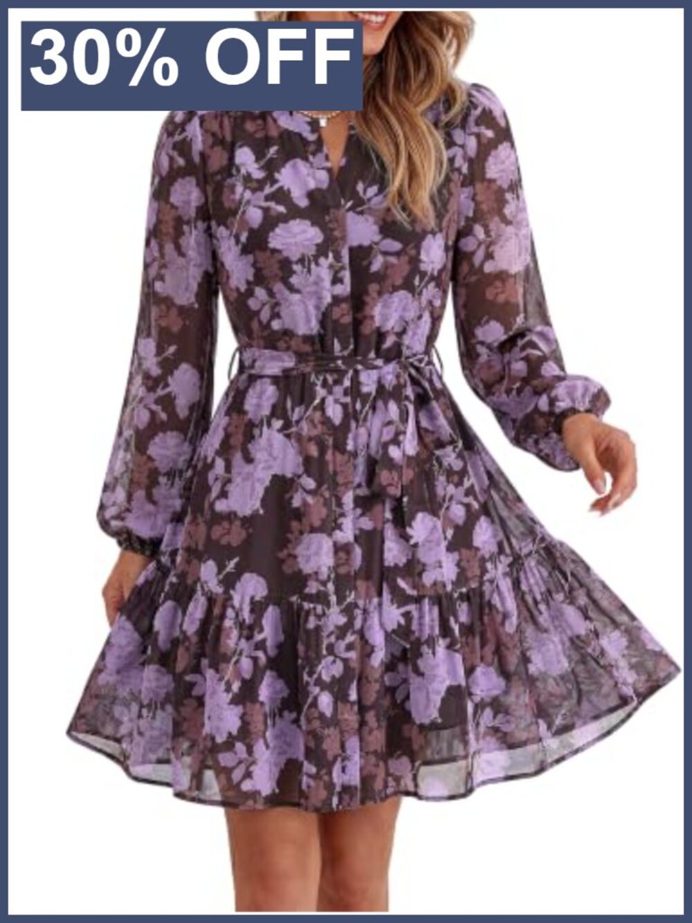 Women's Chiffon Floral V-Neck Long Sleeve Mini Dress with Belt